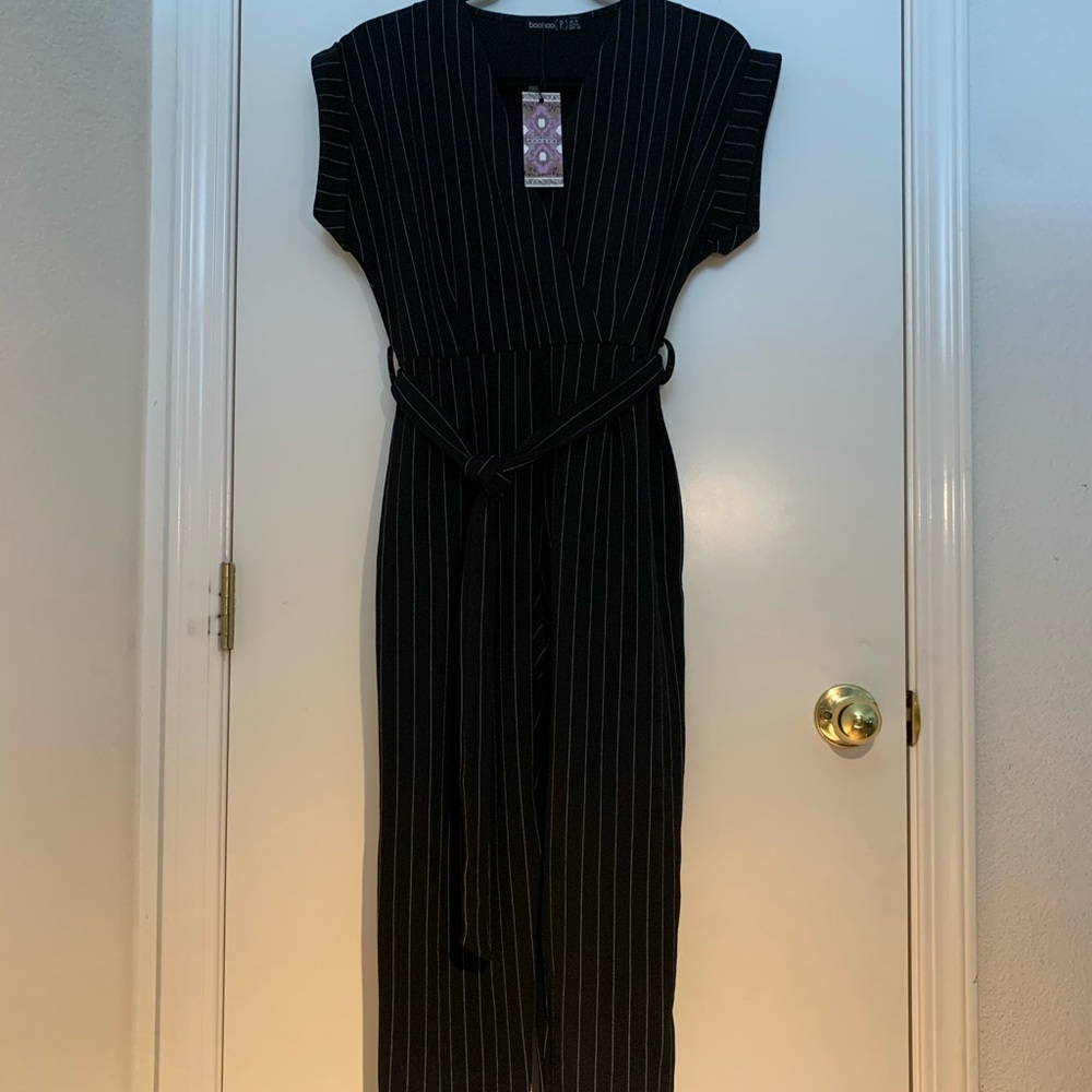 BooHoo Pinstripe Wrap Over Jumpsuit